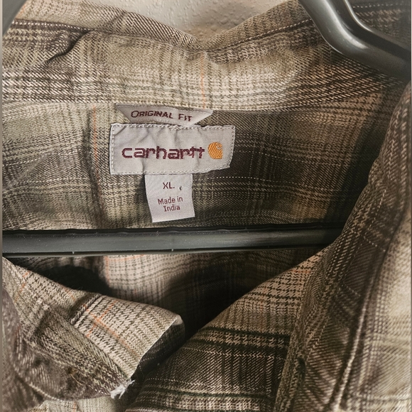 Carhartt Men's Flannel XL Shirt Button Front Heavyweight Green and Tan - Picture 9 of 9